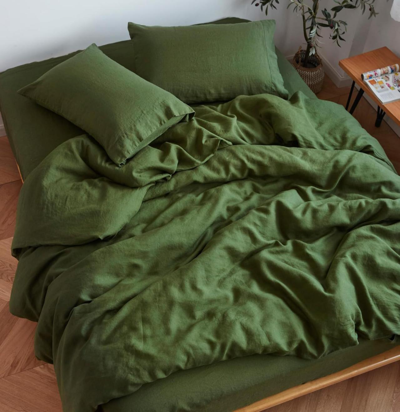 Forest Green Linen Bedding Set